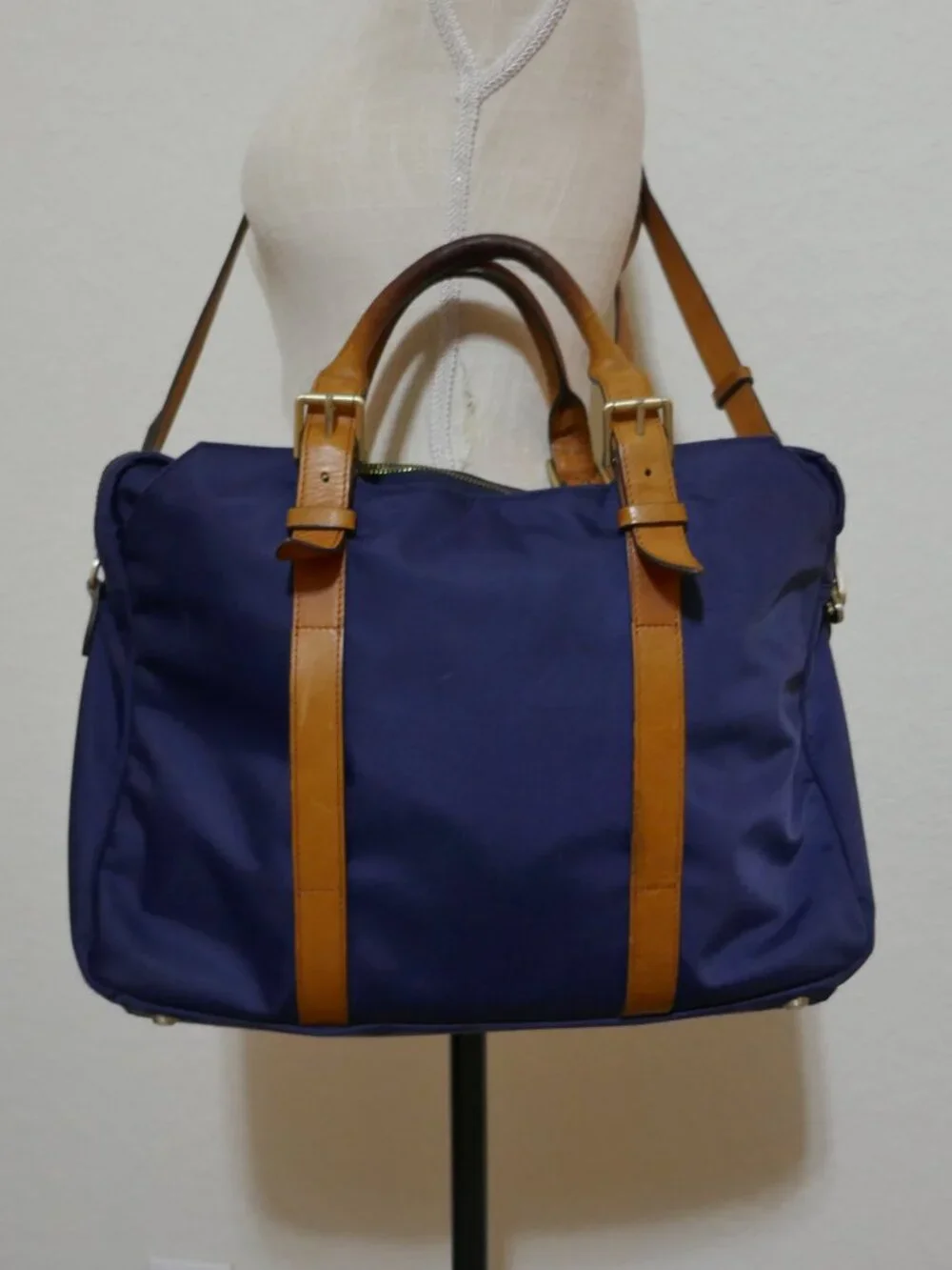 STUART O LAU The Cary Blue Nylon Briefcase Tan Leather Trim Laptop Bag